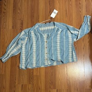Zara Blue Long Sleeve Boxy Blouse with Mandarin Collar